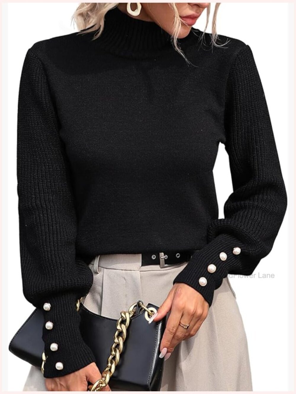 Women's Turtleneck Sweater Lantern Sleeve Knitted Pullover Jumper